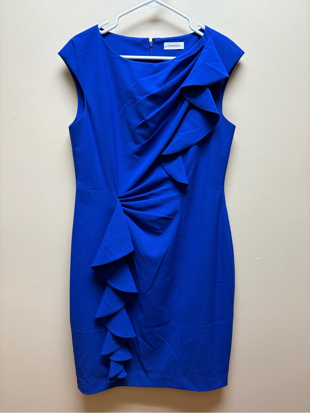 Calvin Klein Cobalt Blue Ruffle Sheath Dress: